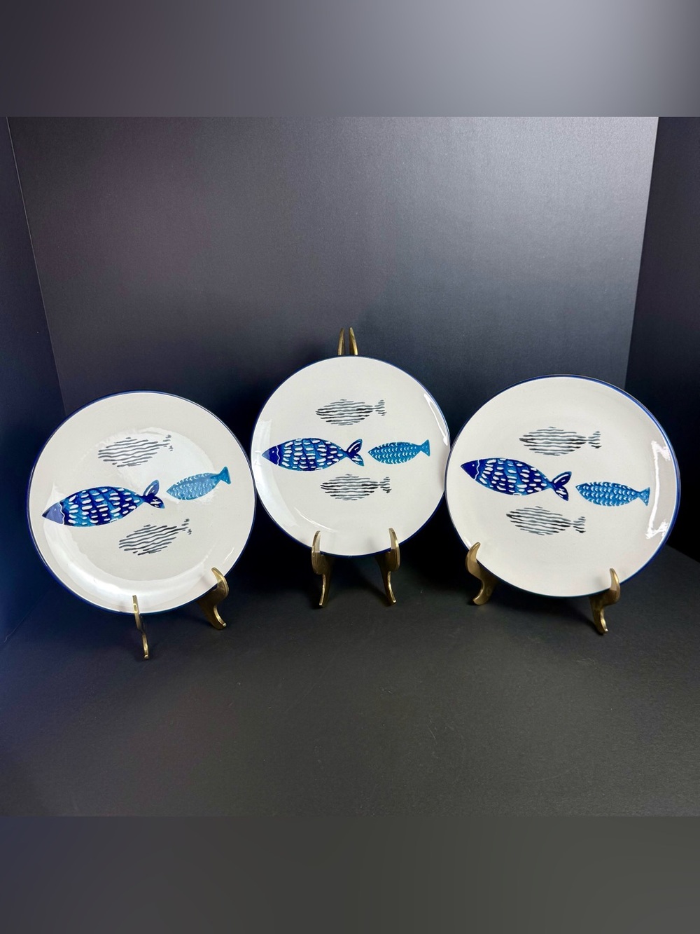 (3) ceramic ARTSY BLUE FISH salad plates-PAPART seramik HANDPAINTED TURKEY